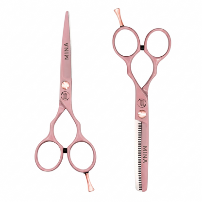 Mina Classic Pastel Pink Professional Shears Set — pastel pink cutting and thinning scissors with rose gold accents (SKU: MIN-MPNK-S55)