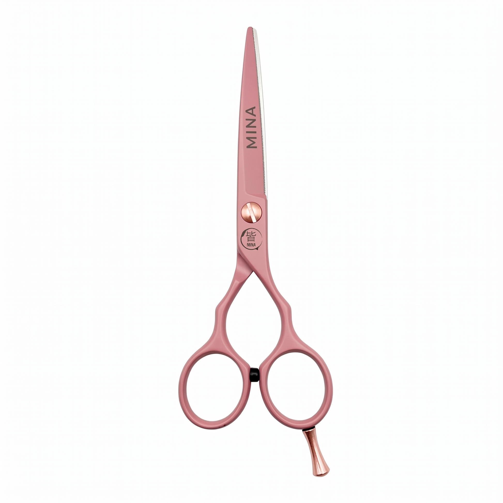 Mina Classic Pastel Pink cutting scissor — pastel pink blade with rose gold tension screw and finger rest (SKU: MIN-PNK-C55)
