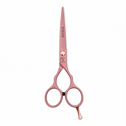 Mina Classic Pastel Pink cutting scissor — pastel pink blade with rose gold tension screw and finger rest (SKU: MIN-PNK-C55)