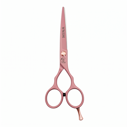 Mina Classic Pastel Pink cutting scissor — pastel pink blade with rose gold tension screw and finger rest (SKU: MIN-PNK-C55)