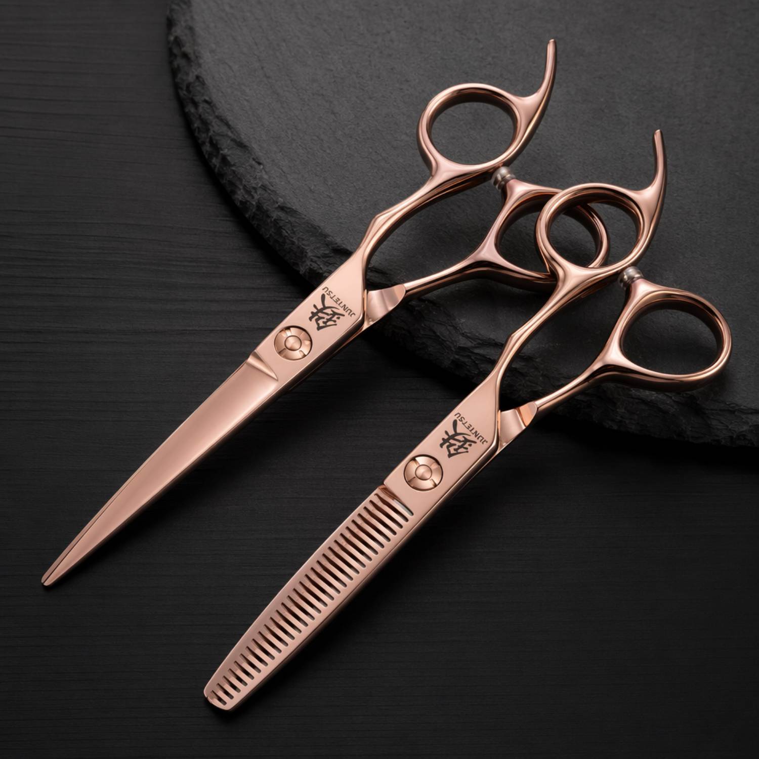Juntetsu Rose Gold Hairdressing Scissor Set - angled view