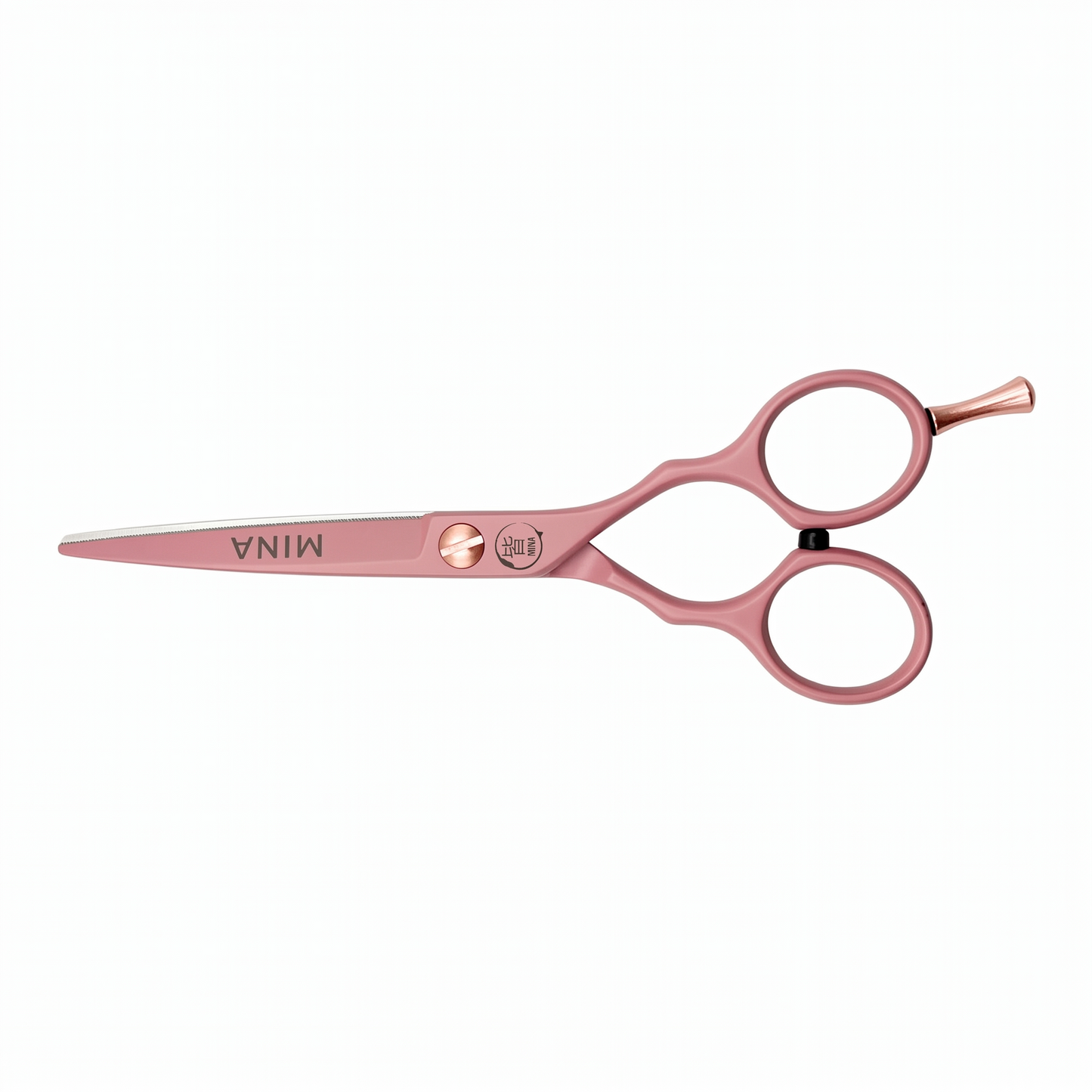 Mina Classic Pastel Pink cutting scissor — pastel pink blade with rose gold accents, side view