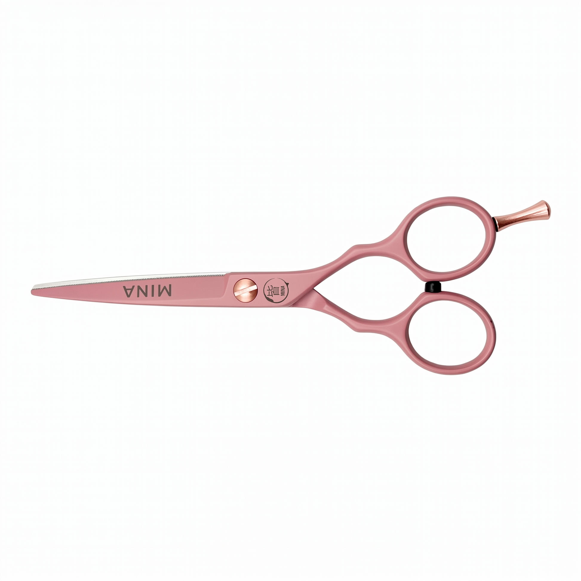 Mina Classic Pastel Pink cutting scissor — pastel pink blade with rose gold accents, side view