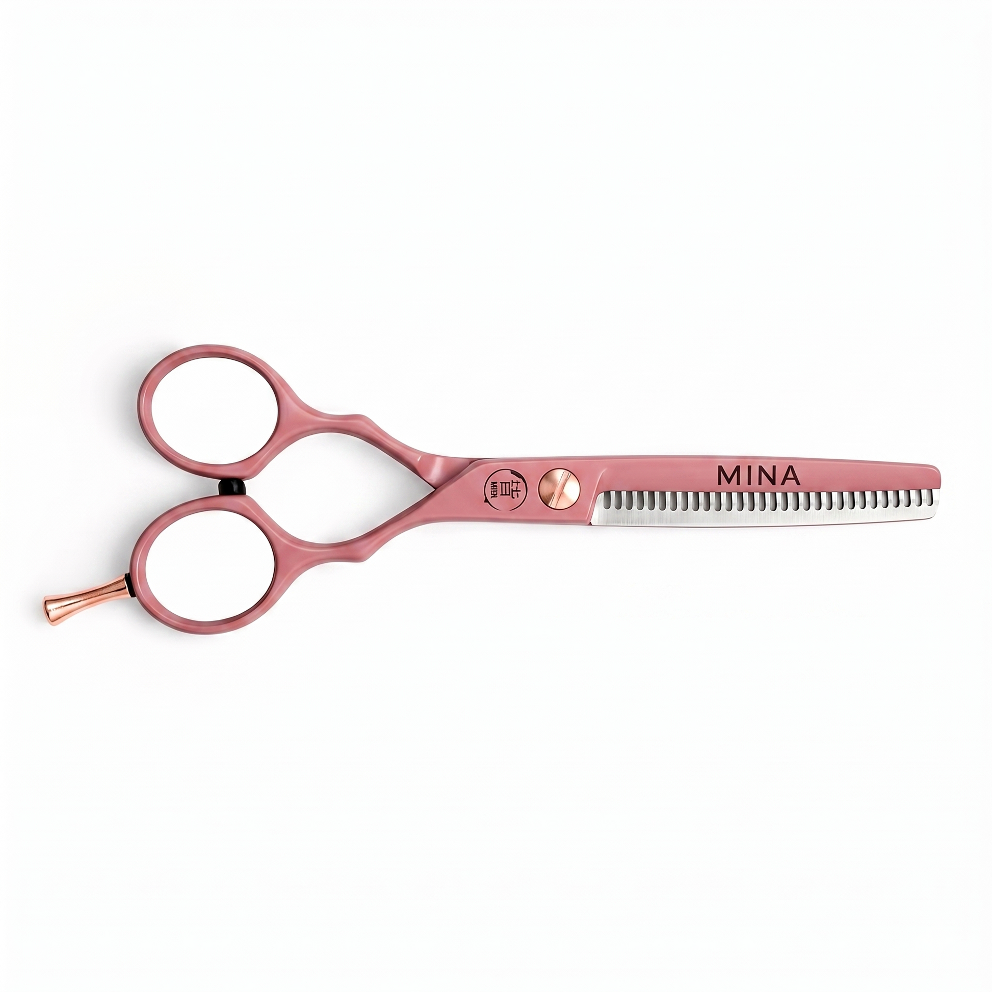 Mina Classic Pastel Pink thinning scissor — pastel pink texturizing blade with rose gold accents