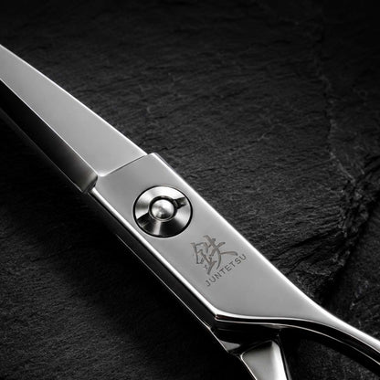 Juntetsu Premium Series: Cobalt Sword Haircutting Scissors - body and pivot close-up