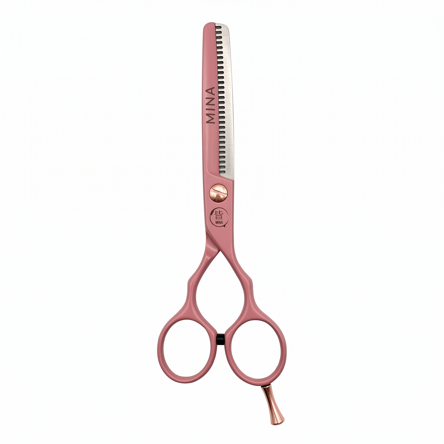 Mina Classic Pastel Pink thinning scissor — close-up of the pastel pink texturizing teeth