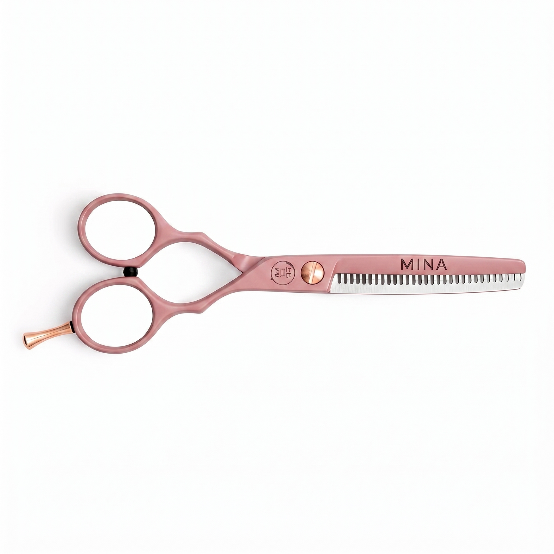 Mina Classic Pastel Pink thinning scissor — pastel pink serrated thinning blade, side view