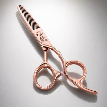 Juntetsu Rose Gold Hairdressing Scissor Set - thinning scissor, angled view