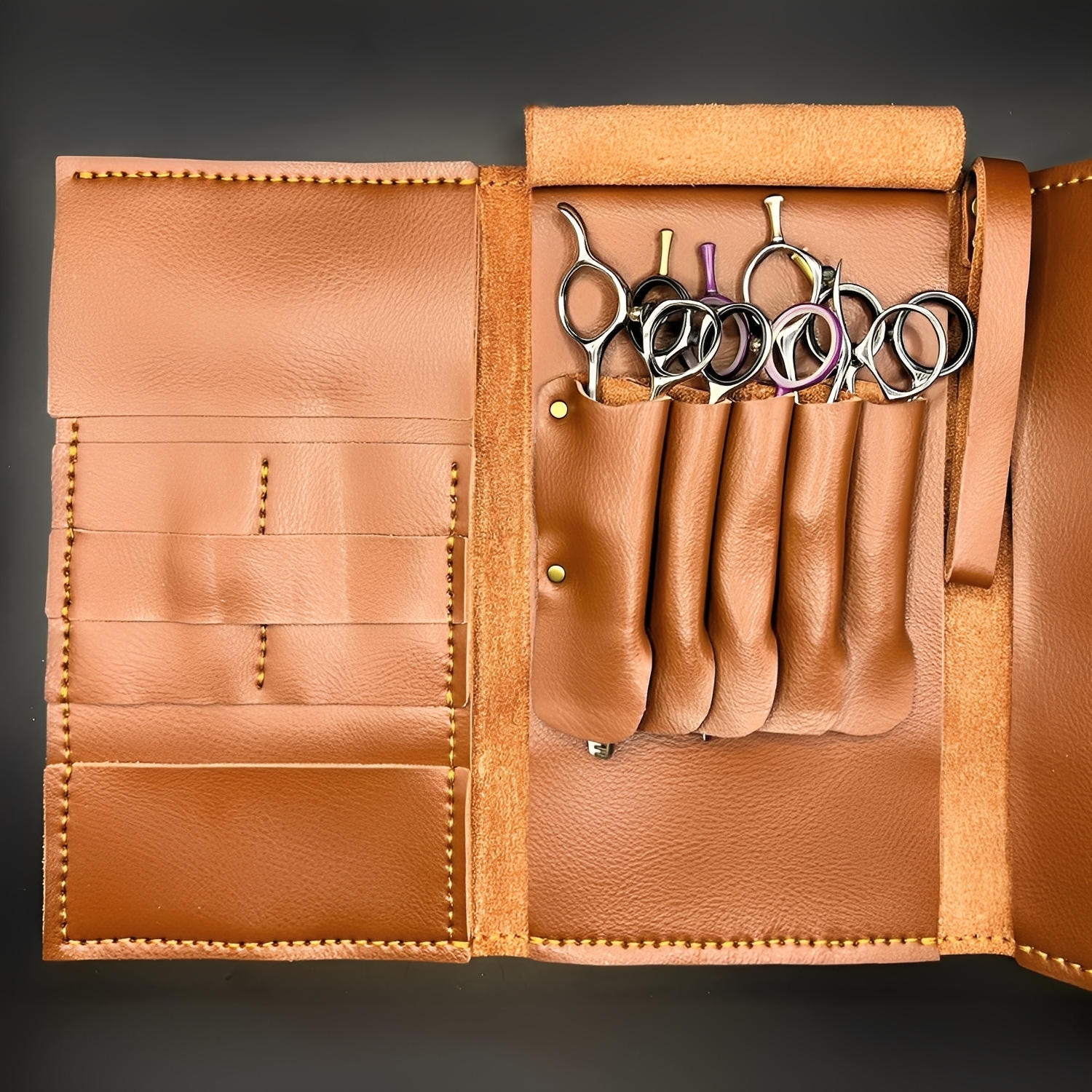 Boho Brown Leather Scissor Wallet - 5 Pocket Artisan Case (SKU: JUN-jP-5pc-Leather-BRP-01)
