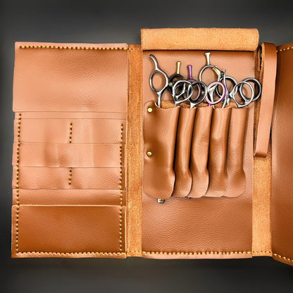 Boho Brown Leather Scissor Wallet - 5 Pocket Artisan Case (SKU: JUN-jP-5pc-Leather-BRP-01)