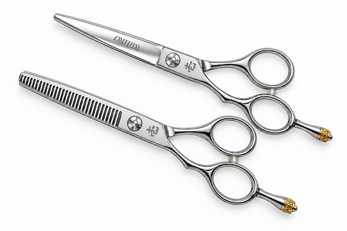 Angled shot of the Ichiro Crown left-handed cutting scissor and thinning scissor together