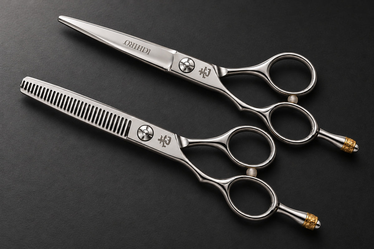 The Ichiro Crown left-handed hairdressing set on a dark charcoal background