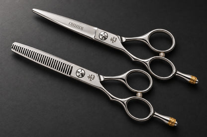 The Ichiro Crown left-handed hairdressing set on a dark charcoal background