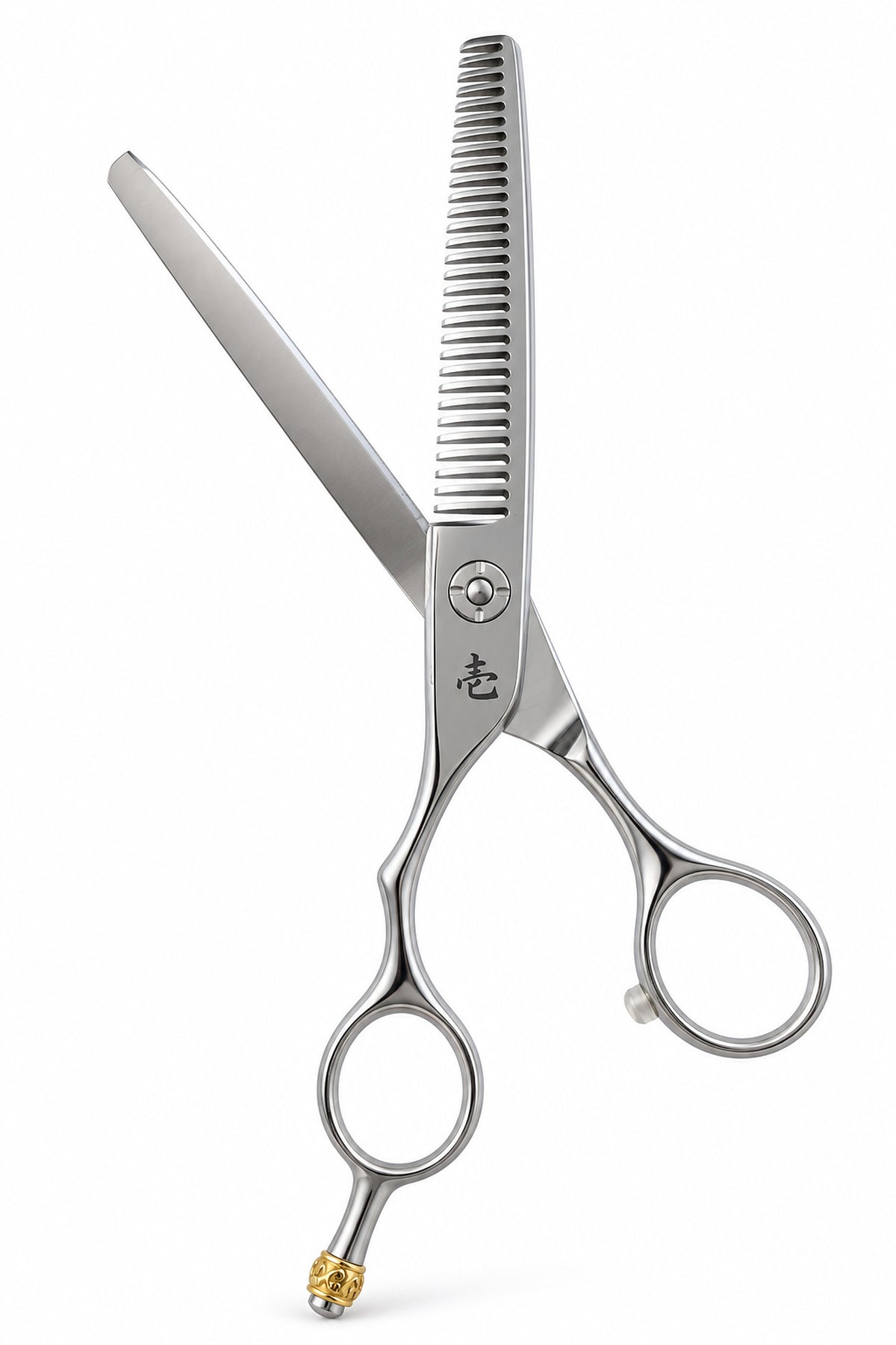Ichiro Crown Lefty hair thinning scissors opened to show the V-shaped teeth