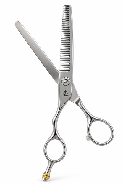 Ichiro Crown Lefty hair thinning scissors opened to show the V-shaped teeth