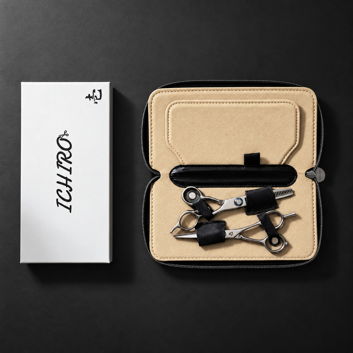 Two hairdressing scissors secured in the Ichiro zip travel case, scissors and box not included (SKU: ICH-CASE-TRV)