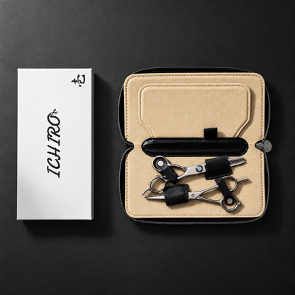 Two hairdressing scissors secured in the Ichiro zip travel case, scissors and box not included (SKU: ICH-CASE-TRV)