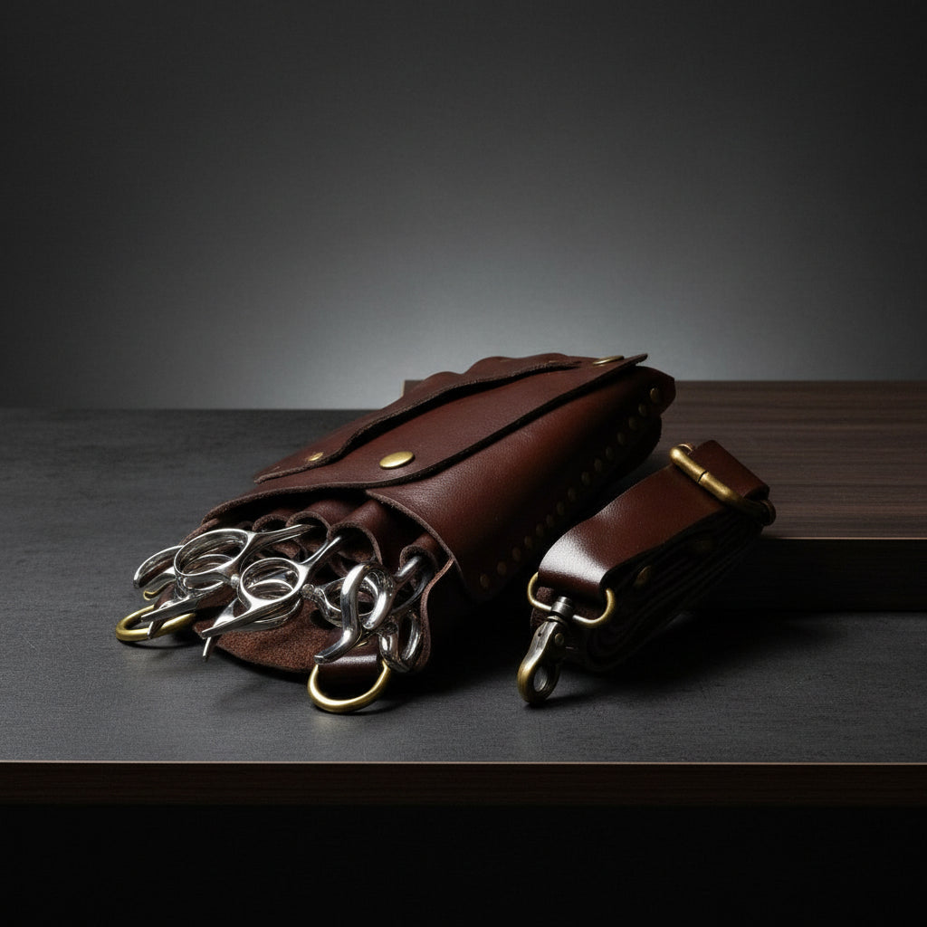 Elegant Brown Leather Holster: Protect 5 Hair Scissors in - Leather Holster For Hair Stylists & Barbers