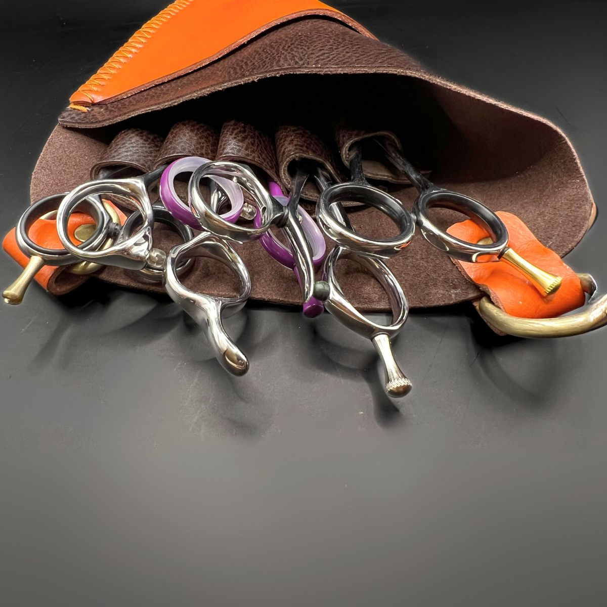 Premium Orange & Brown Leather Scissor Holster - 5 Pocket Professional Belt in - Leather Holster For Hair Stylists & Barbers