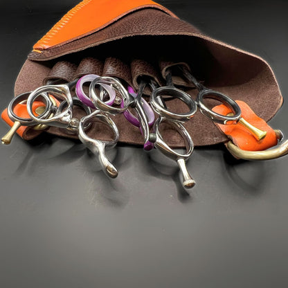 Premium Orange & Brown Leather Scissor Holster - 5 Pocket Professional Belt in - Leather Holster For Hair Stylists & Barbers