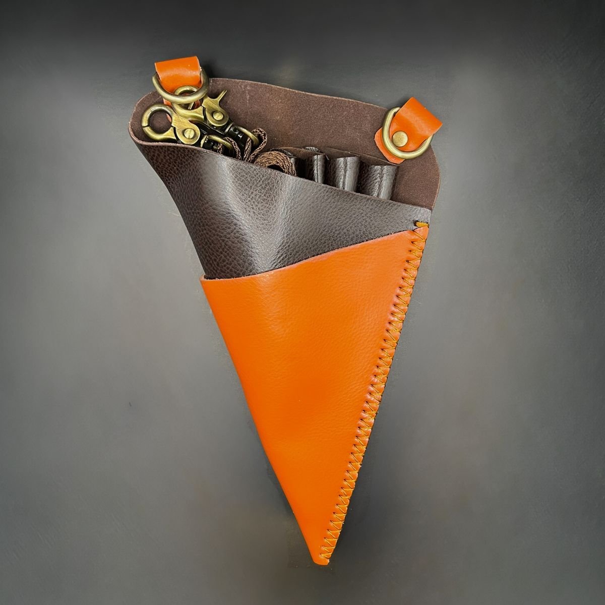 Premium Orange & Brown Leather Scissor Holster - 5 Pocket Professional Belt in - Leather Holster For Hair Stylists & Barbers